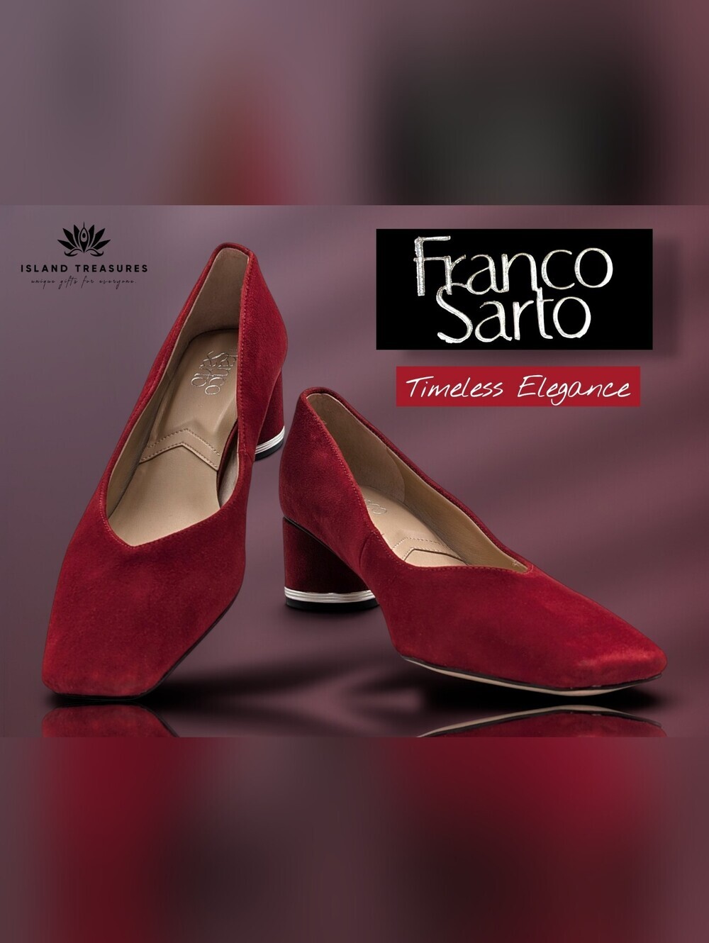 Franco Sarto "Pisa" Size 8M Deep Red Suede Leather Block Heel With Silver Band